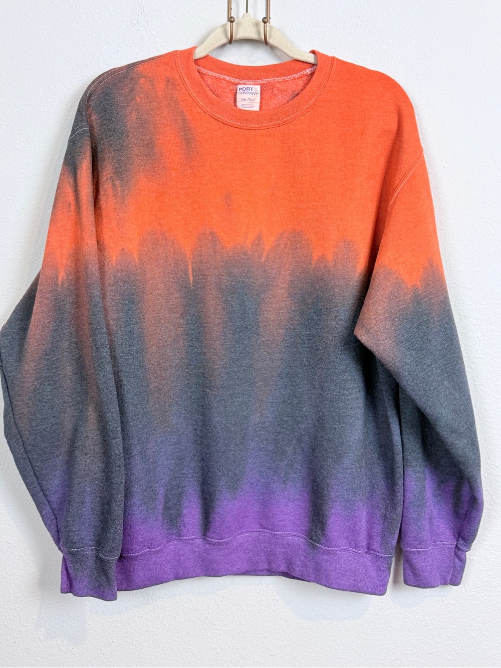 Port and Company Orange, Gray & Purple Dip-Dye Crewneck Sweatshirt Halloween L